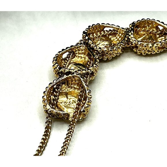 Gold Tone Textured Heart Link Bracelet With Clear Rhinestones and Fold-Over Clas - Picture 6 of 8